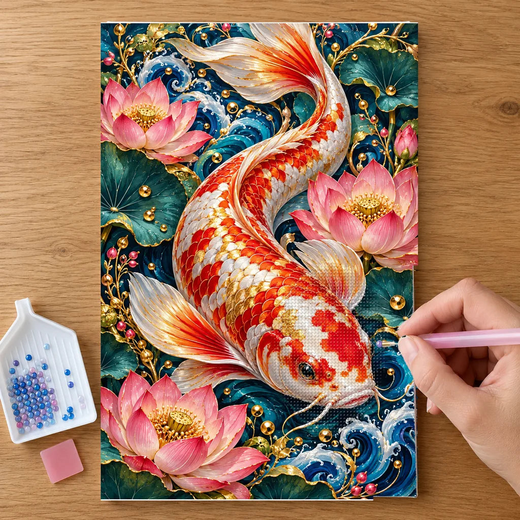 Hands placing drills on the Koi Lotus Ornament Frame diamond painting canvas
