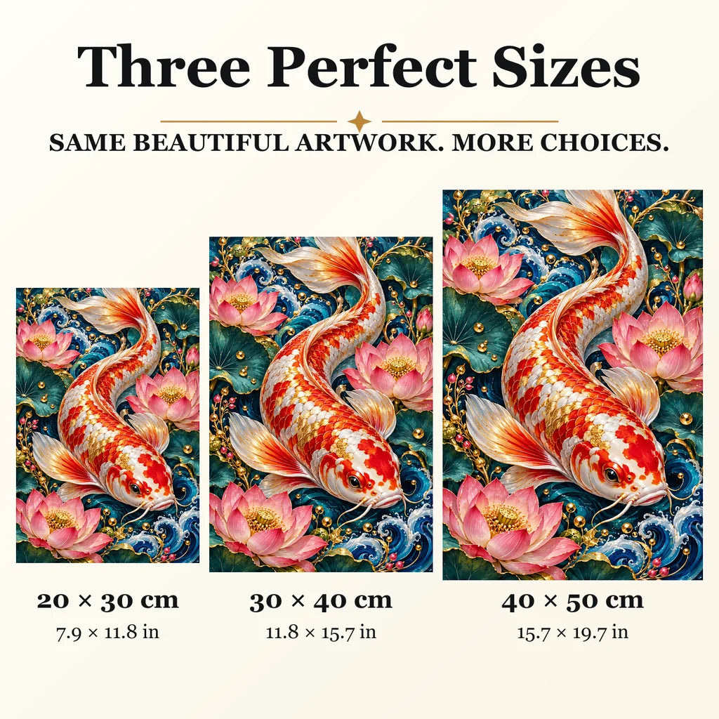 Koi Lotus Ornament Frame diamond painting in 20 by 30, 30 by 40, and 40 by 50 centimeter sizes