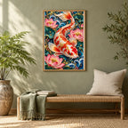 Framed Koi Lotus Ornament Frame diamond painting displayed in a home interior