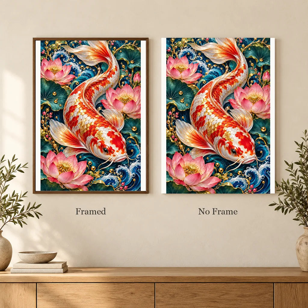 Framed and no-frame options for the Koi Lotus Ornament Frame diamond painting