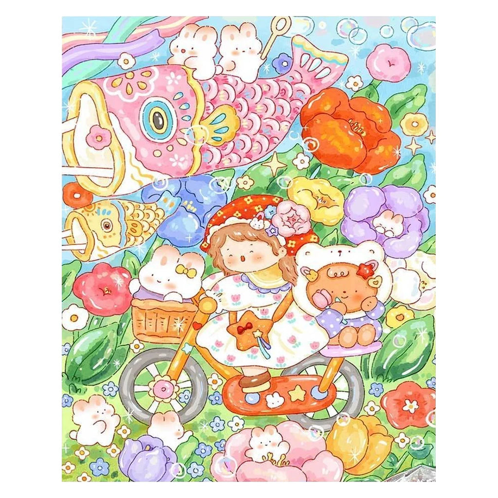 White-background original artwork of children and playful characters beneath Japanese carp streamers