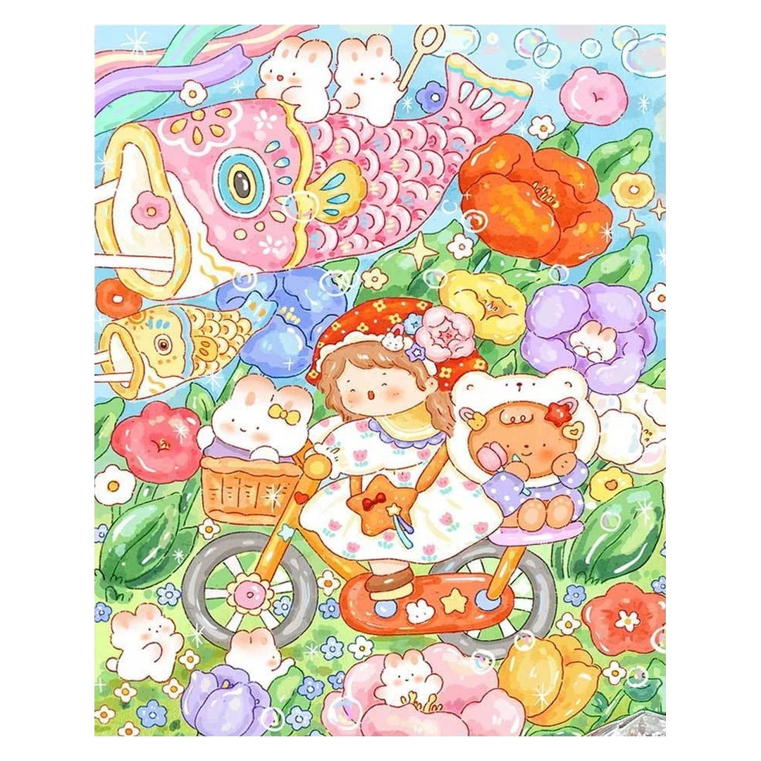 White-background original artwork of children and playful characters beneath Japanese carp streamers