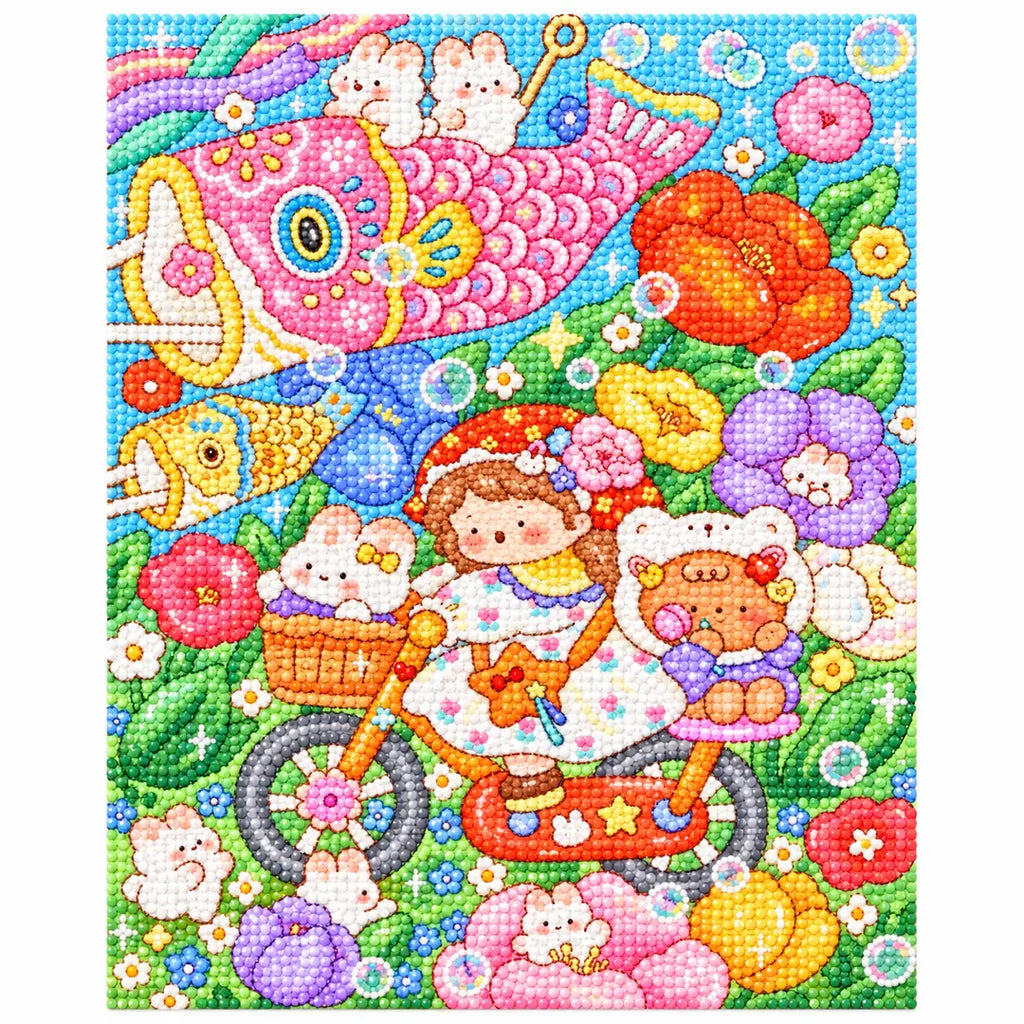 White-background finished diamond painting of a whimsical koinobori spring garden
