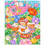White-background finished diamond painting of a whimsical koinobori spring garden