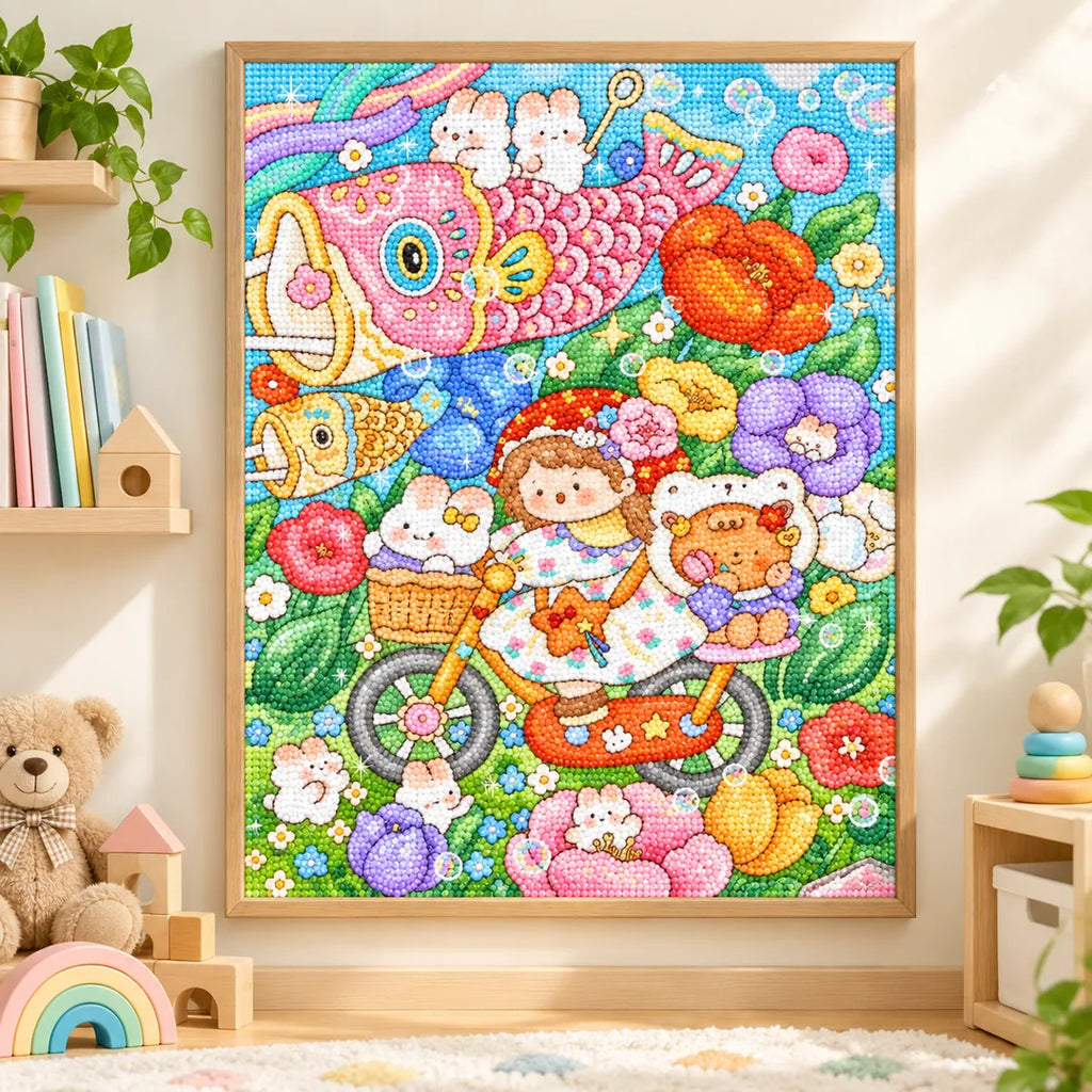 Framed koinobori spring garden diamond painting displayed as home decor