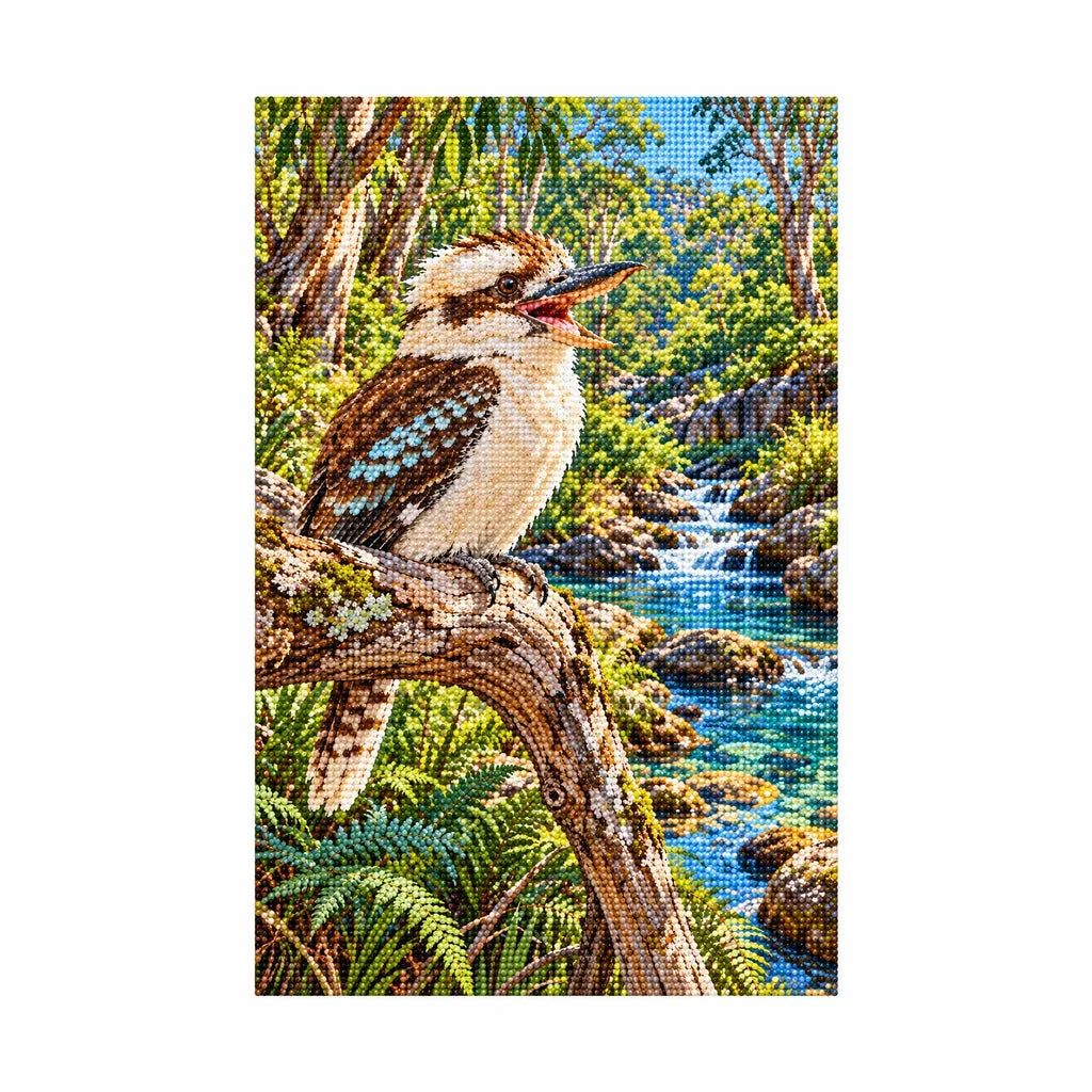 White-background finished diamond painting of Kookaburra Creek.