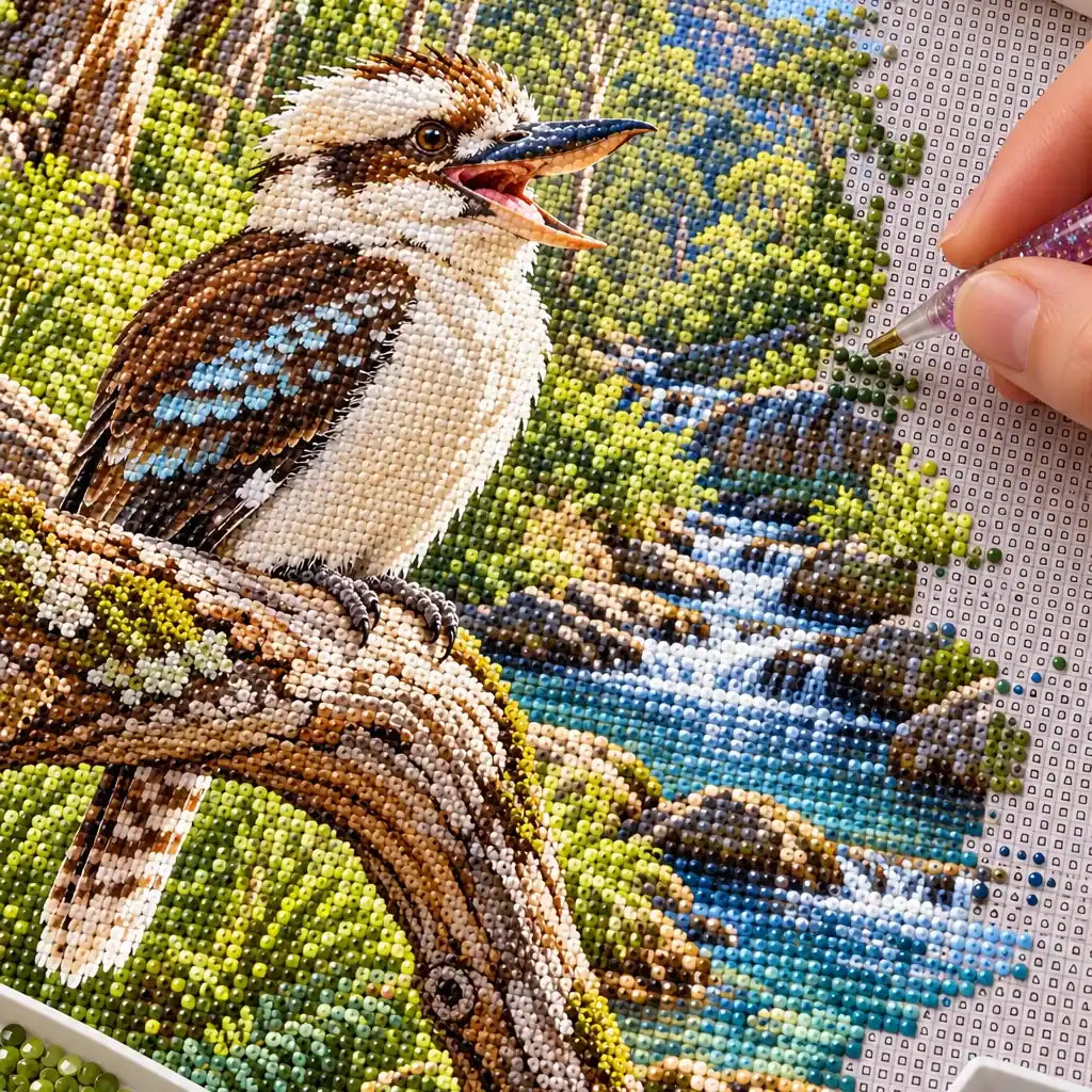 Hands placing diamond drills on the Kookaburra Creek design.