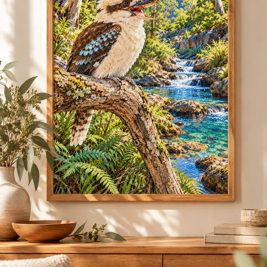 Framed Kookaburra Creek diamond painting displayed as home decor.