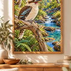 Framed Kookaburra Creek diamond painting displayed as home decor.