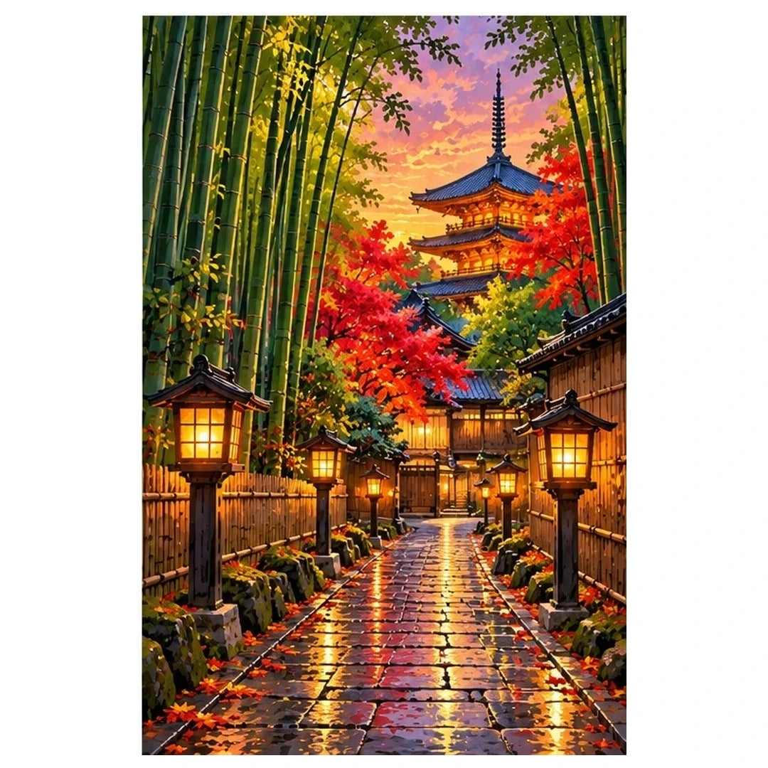 Kyoto Bamboo Path Lanterns original artwork on white