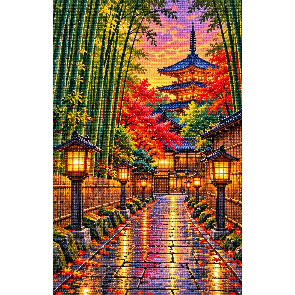 Kyoto Bamboo Path Lanterns finished diamond painting on white