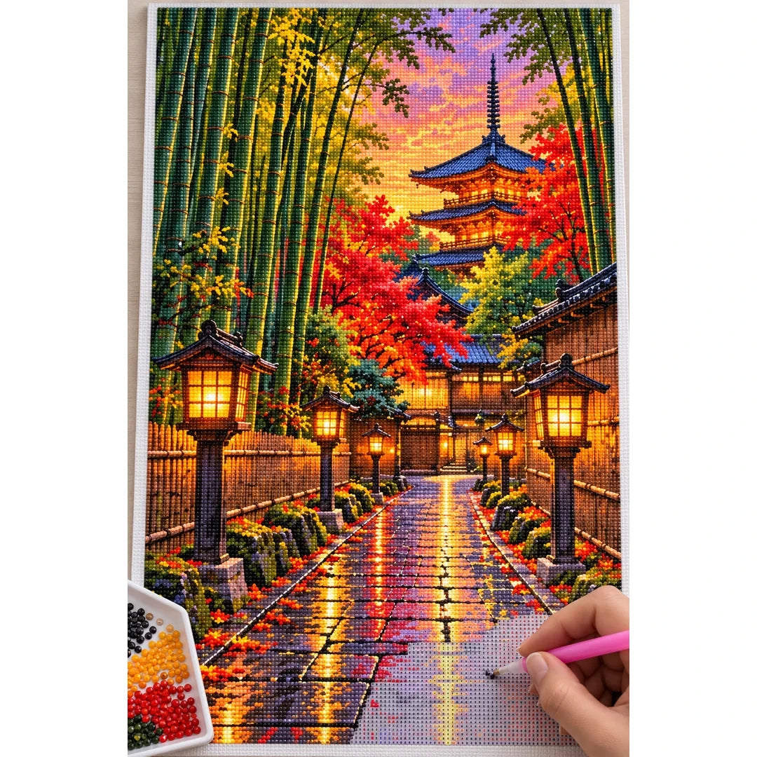 Kyoto Bamboo Path Lanterns diamond painting process