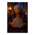 Original illustration of an elder woman holding a circular labyrinth medallion in an ornate candlelit room, on a white background