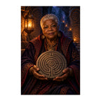 Original illustration of an elder woman holding a circular labyrinth medallion in an ornate candlelit room, on a white background