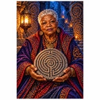 Finished diamond painting of an elder oracle holding a spiral labyrinth medallion