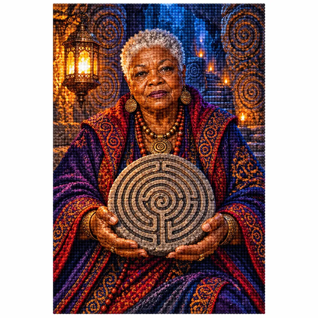 Finished diamond painting of an elder oracle holding a spiral labyrinth medallion