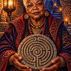 Close-up of diamond drills in the elder woman's embroidered robe and labyrinth medallion