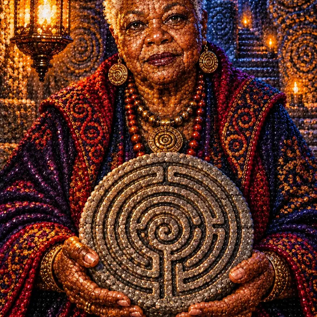 Close-up of diamond drills in the elder woman's embroidered robe and labyrinth medallion