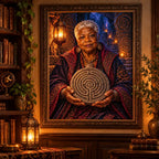 Framed labyrinth elder oracle diamond painting displayed in a candlelit study