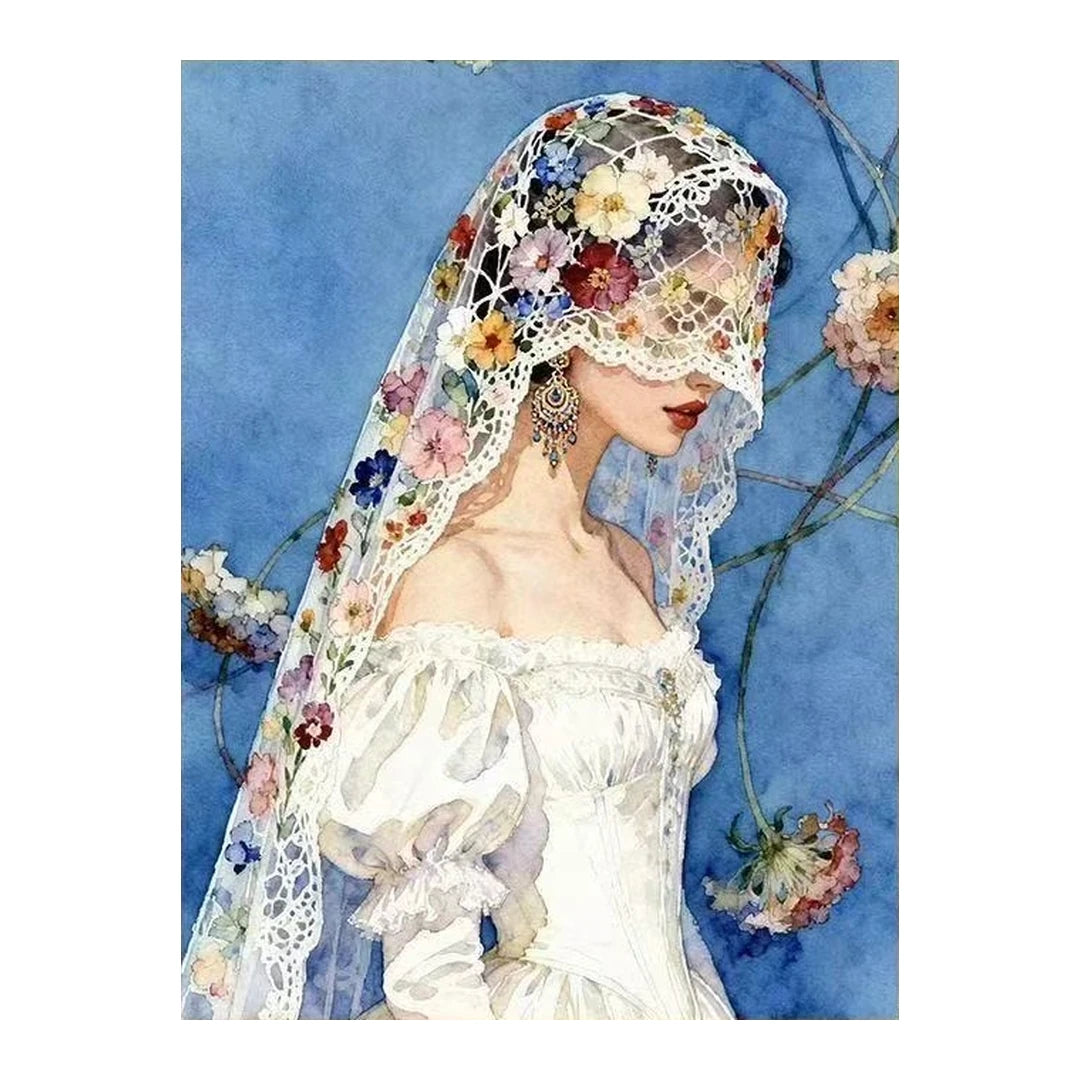 White-background original artwork of a bride in a lace veil and flower crown, shown in profile