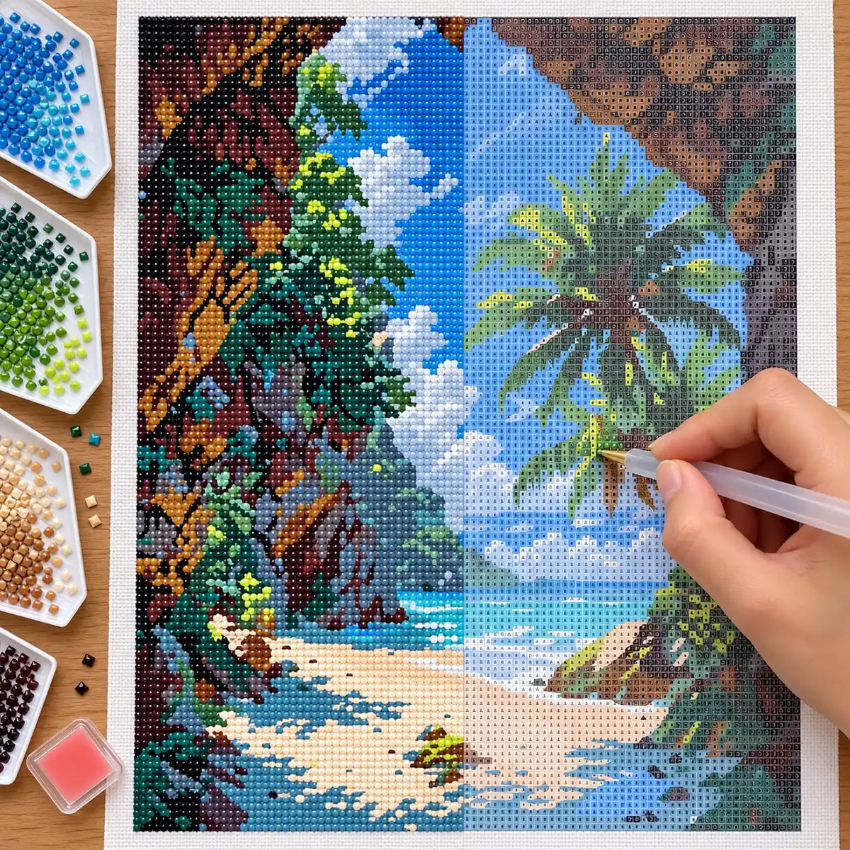 Diamond painting process for Lagoon Through The Arch Diamond Painting Kit