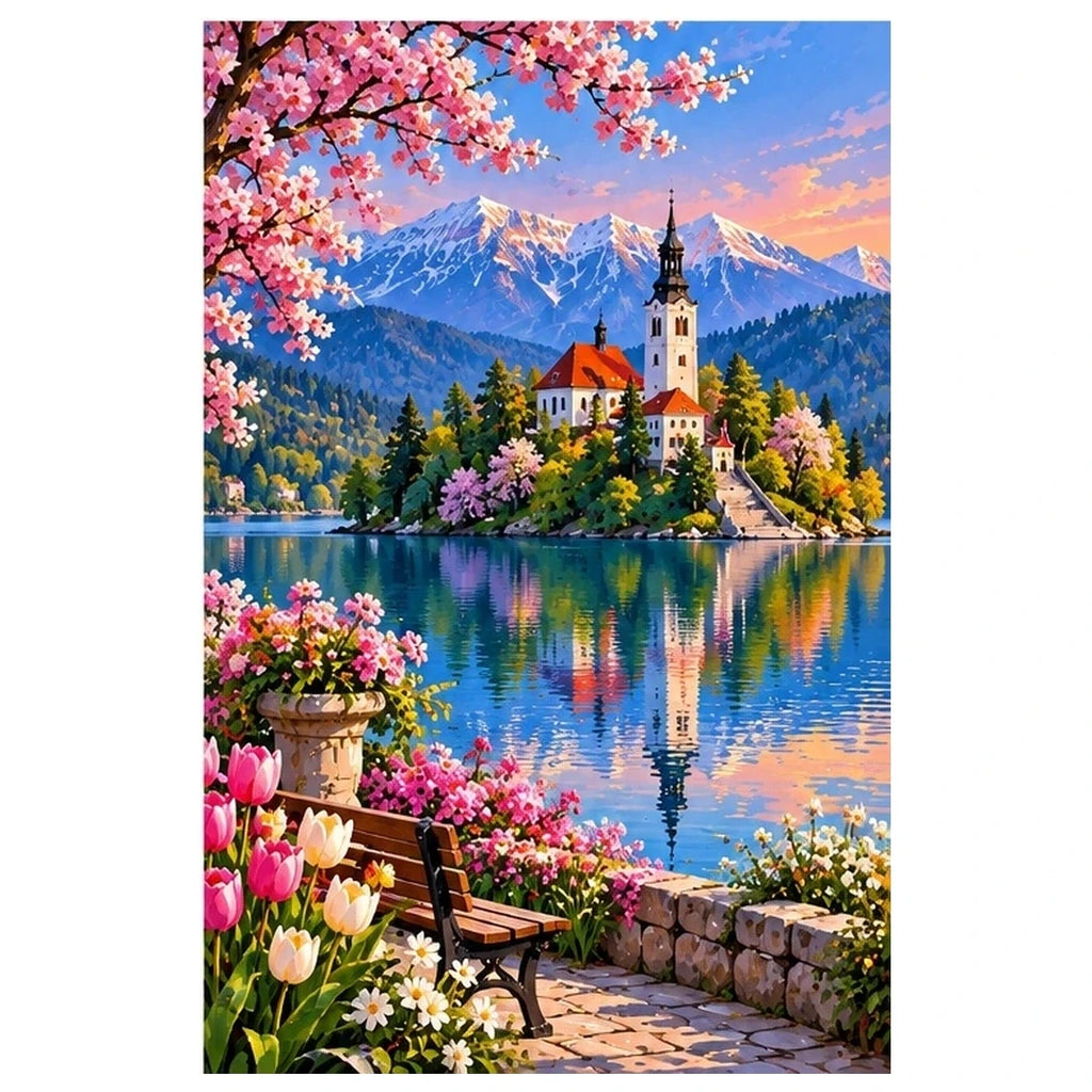 Lake Bled Island Church Spring original artwork on white