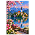 Lake Bled Island Church Spring original artwork on white