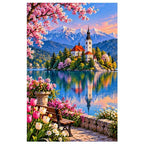 Lake Bled Island Church Spring original artwork on white