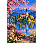 Lake Bled Island Church Spring finished diamond painting on white