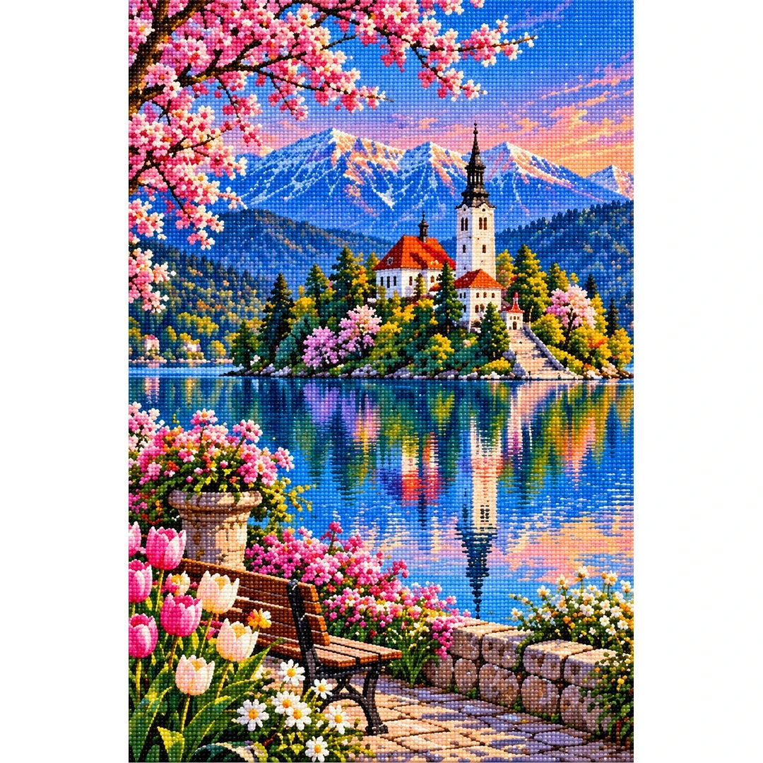 Lake Bled Island Church Spring finished diamond painting on white
