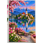 Lake Bled Island Church Spring diamond painting process