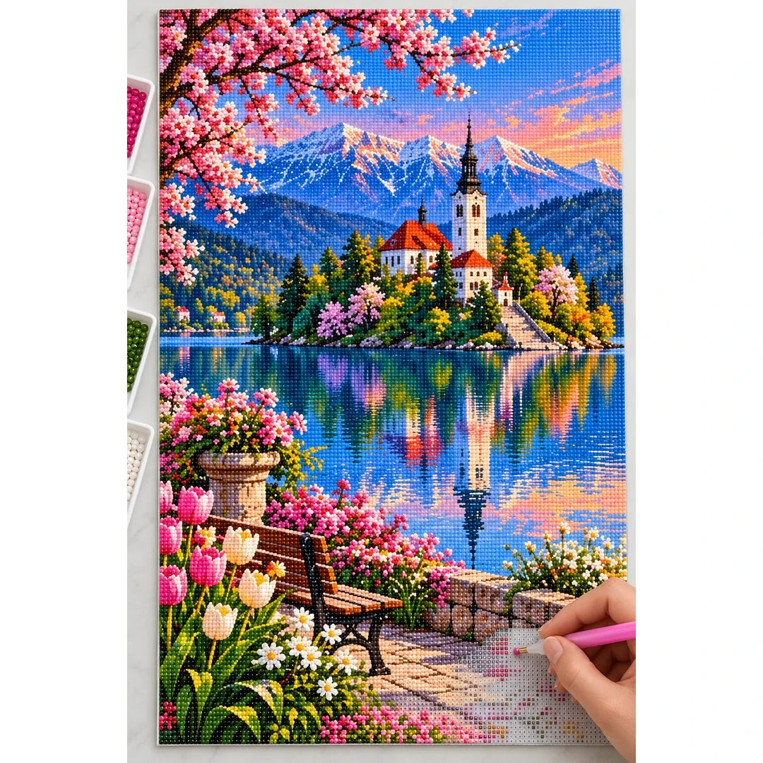 Lake Bled Island Church Spring diamond painting process