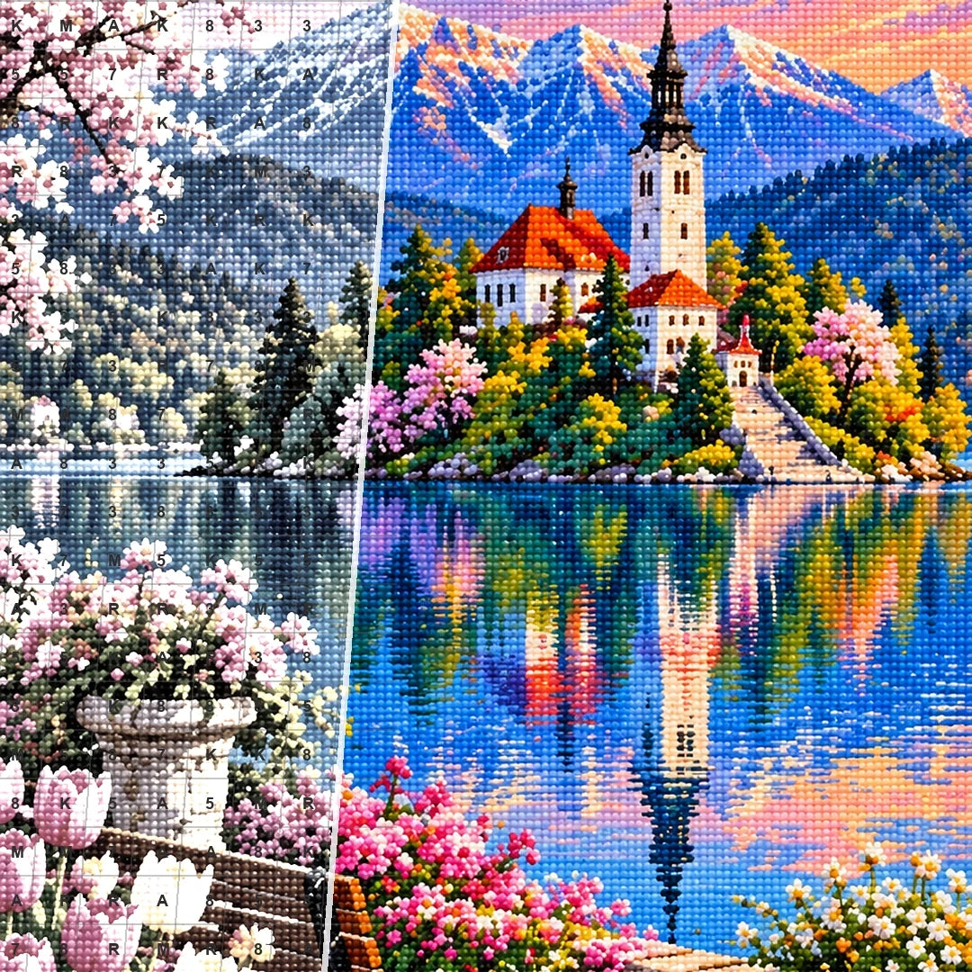 Lake Bled Island Church Spring canvas and resin drill detail
