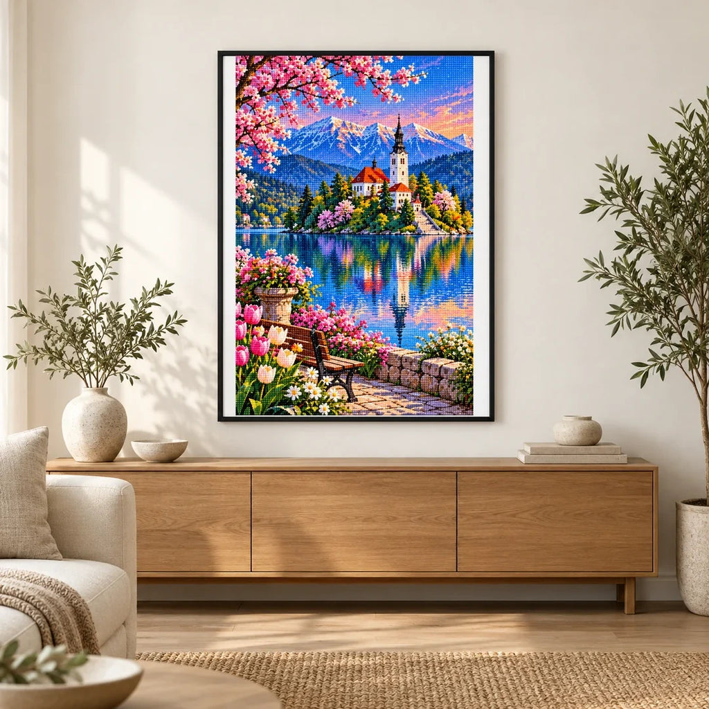 Lake Bled Island Church Spring finished artwork in home décor