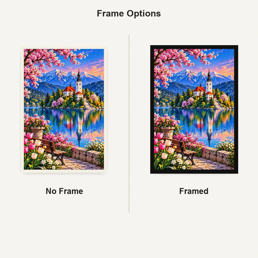 Lake Bled Island Church Spring No Frame and Framed comparison