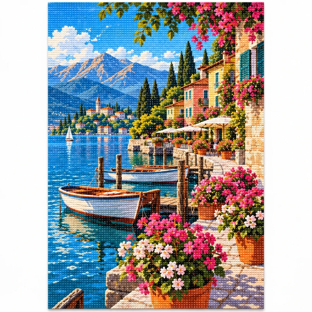 Lake Como Flower Harbor finished diamond artwork on white background