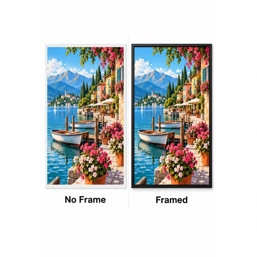 Lake Como Flower Harbor No Frame and Framed comparison