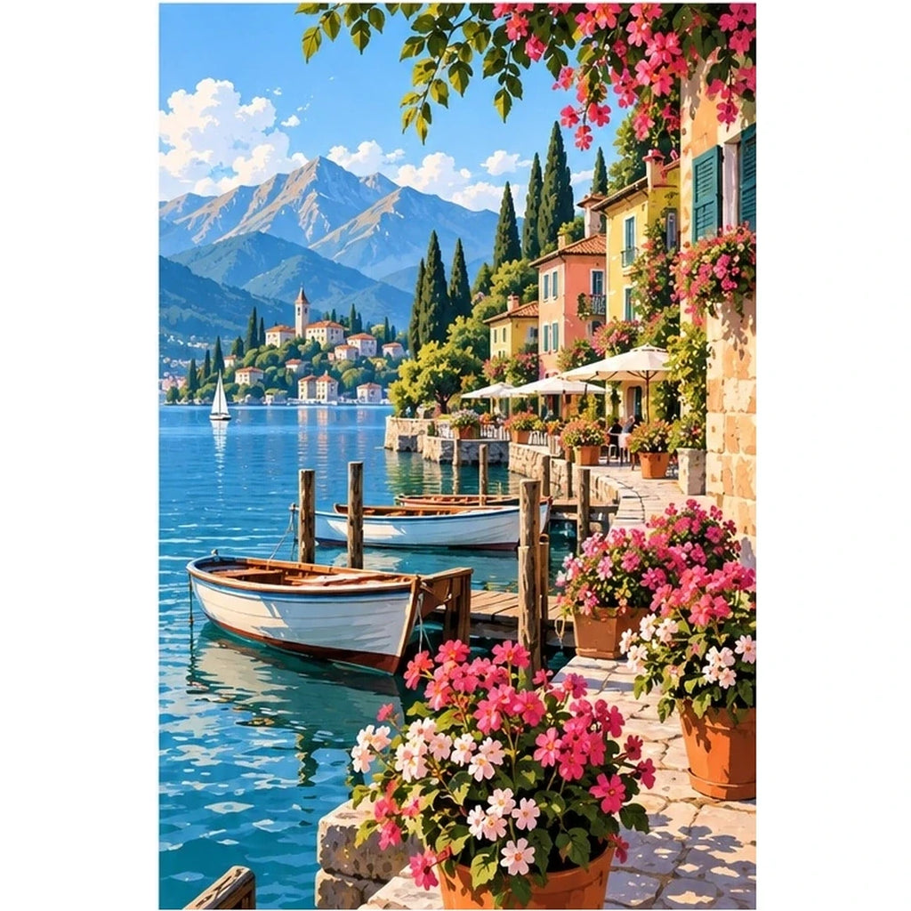 Lake Como Flower Harbor original artwork on white background