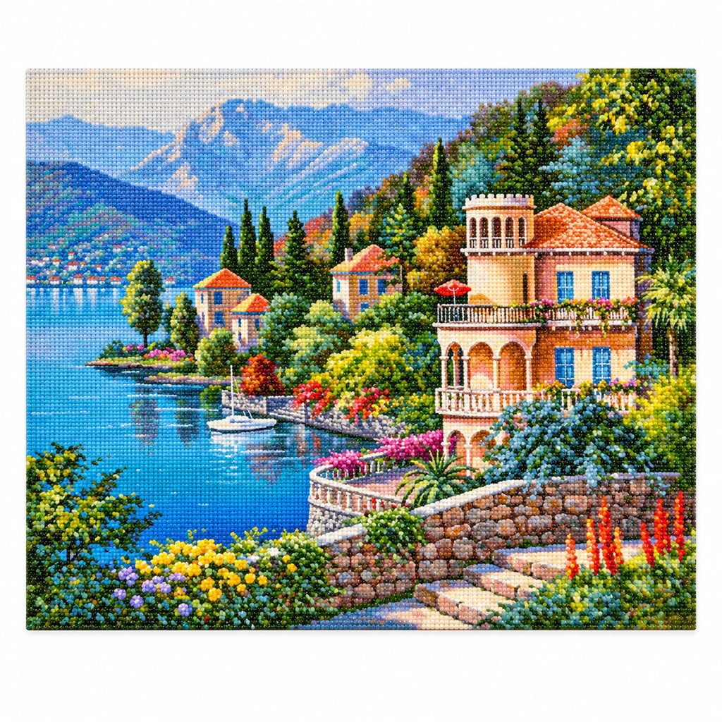 Lake Como Villa Diamond Painting Kit finished landscape diamond painting product