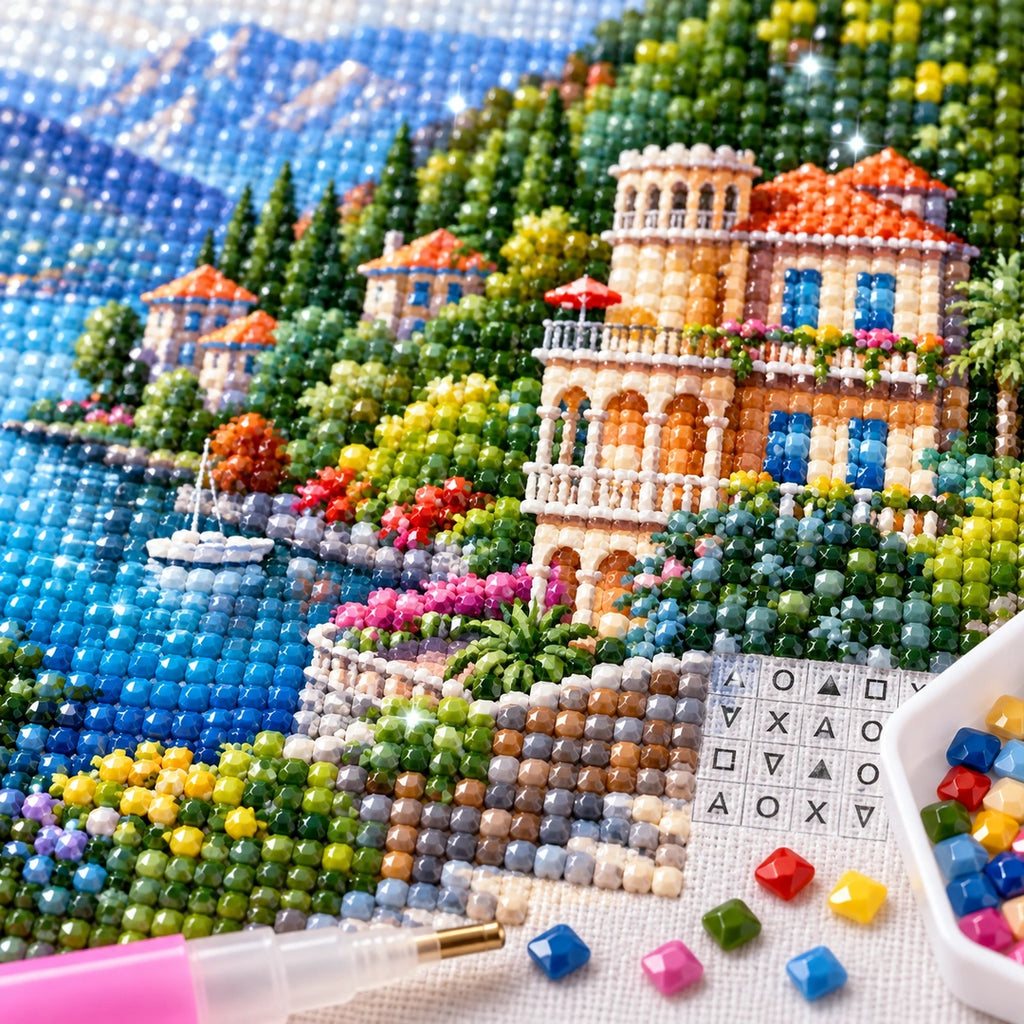 Lake Como Villa Diamond Painting Kit diamond painting drills and canvas detail