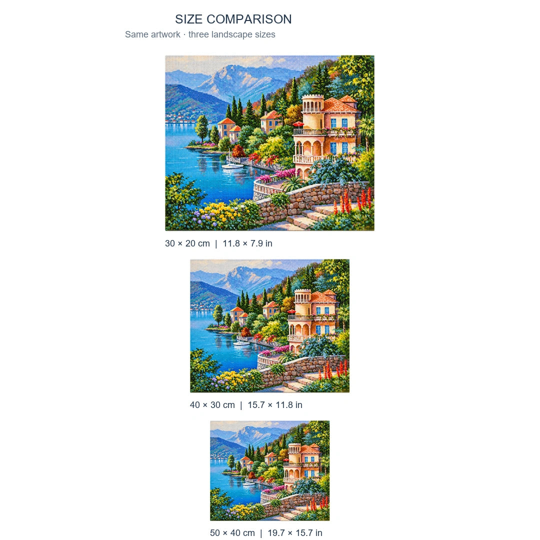 Lake Como Villa Diamond Painting Kit diamond painting landscape size comparison