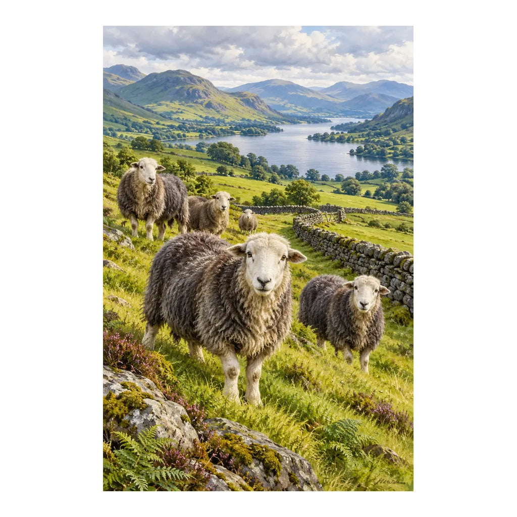 Original Lake District landscape artwork with grazing sheep, green fells, a lake, and a dry-stone wall