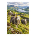 Original Lake District landscape artwork with grazing sheep, green fells, a lake, and a dry-stone wall