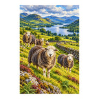 Diamond-finished Lake District sheep landscape with blue lake, green fells, and a stone wall on a white background