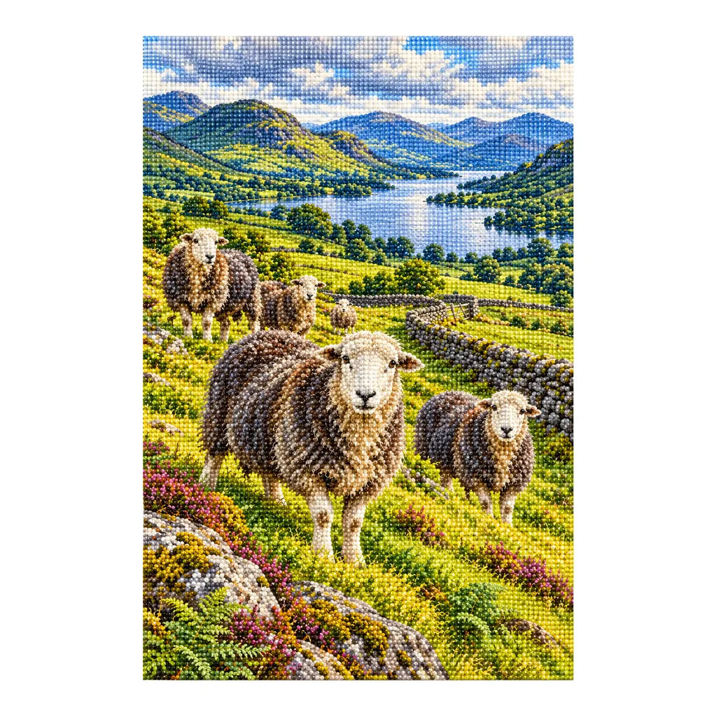Diamond-finished Lake District sheep landscape with blue lake, green fells, and a stone wall on a white background