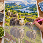 Hand placing diamond drills on the Lake District sheep canvas beside trays of drills