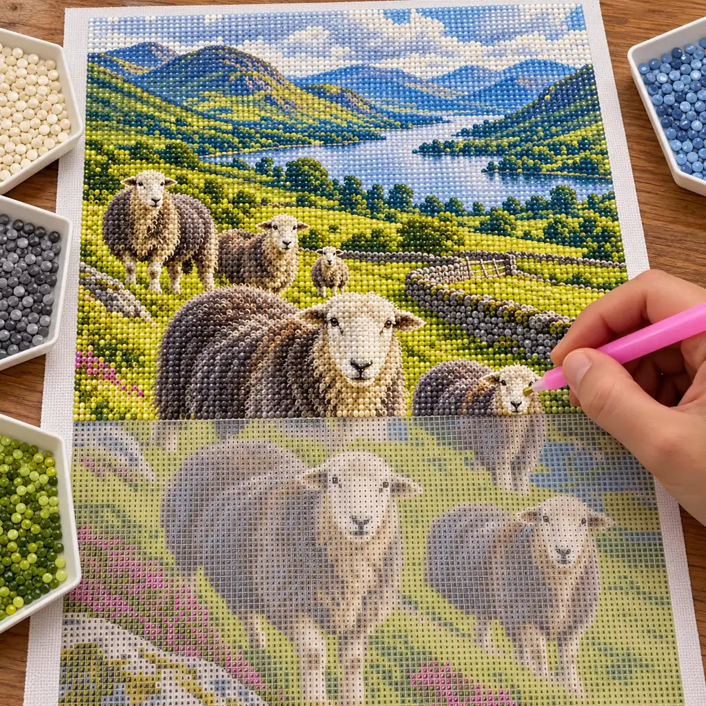 Hand placing diamond drills on the Lake District sheep canvas beside trays of drills