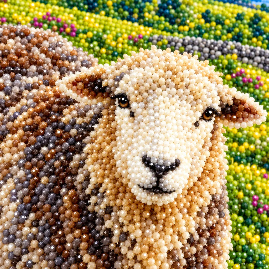 Close-up of faceted diamond drills forming a sheep in the Lake District landscape