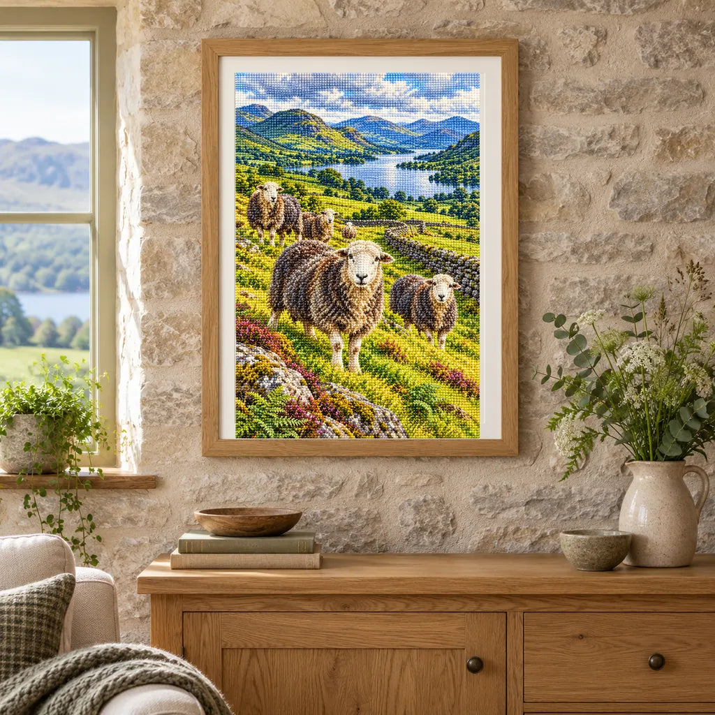 Framed Lake District sheep diamond painting displayed in a rustic home interior
