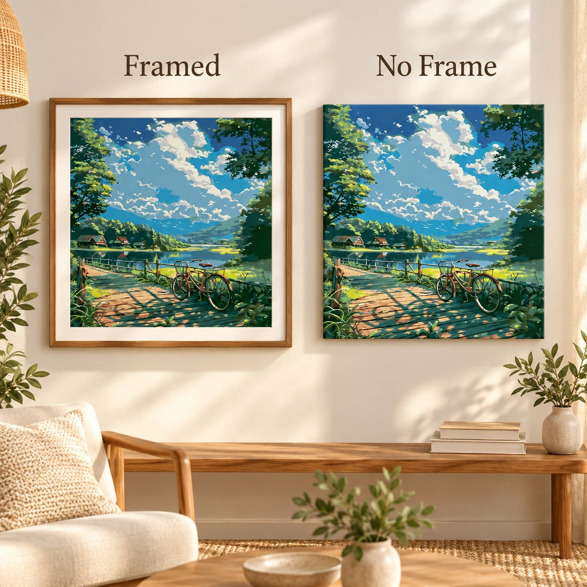 Framed and no-frame comparison for Lakeside Afternoon Ride Diamond Painting Kit